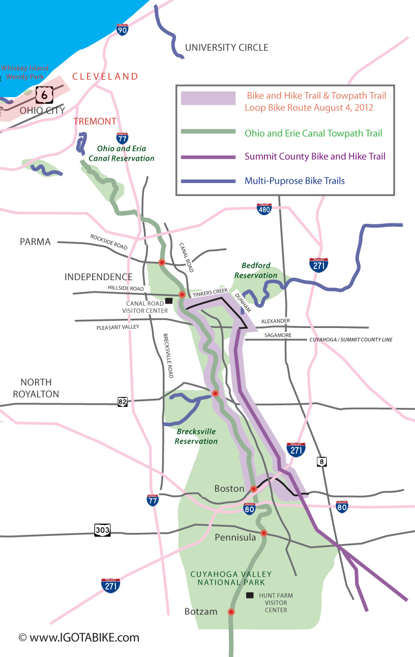 Igotabike.com loop map using The Summit County Bike and Hike Trail and Ohio and Erie Canal Towpath Trail