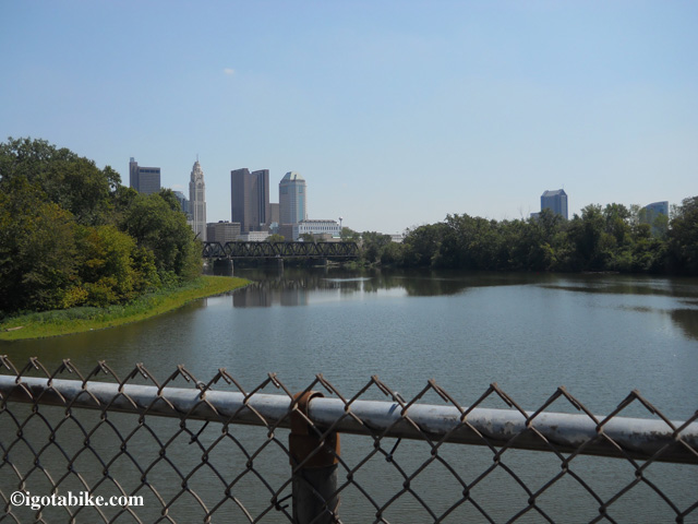 View of downtown Columbus from the southbound route on the Scioto River Trail.