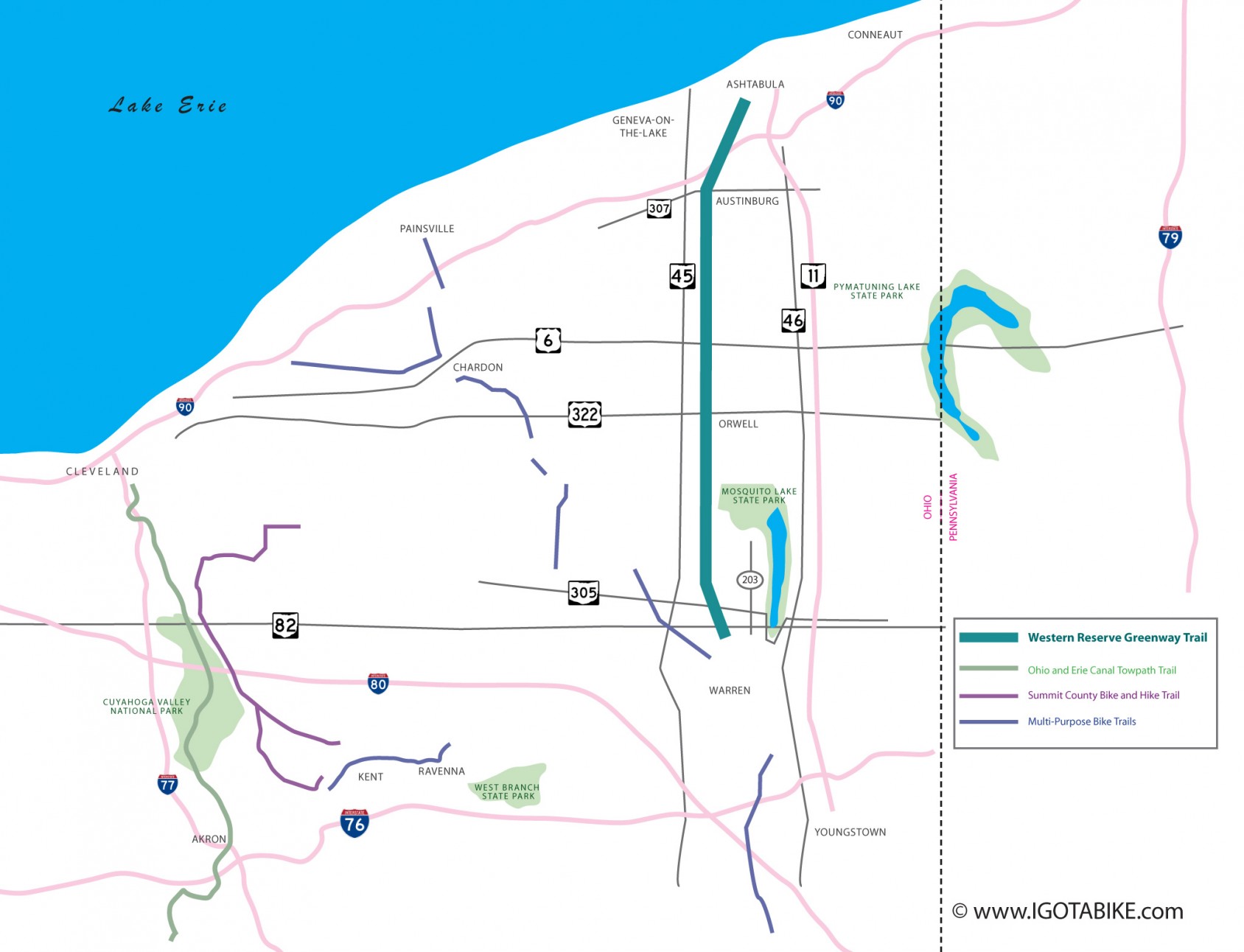 Map for Western Reserve Greenway Overnight Bicycle Trip in Ashtabula and Trumbull Counties