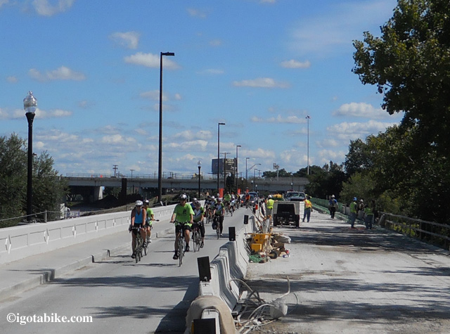 One of the trickier spots is getting across the now only one lane, on way, Abbey Avenue Bridge past the I 90 bridge construction zone to get to downtown Cleveland. The construction workers got a kick out of seeing the pack of FCMPT cyclist looking tough in matching shirts and jerseys.