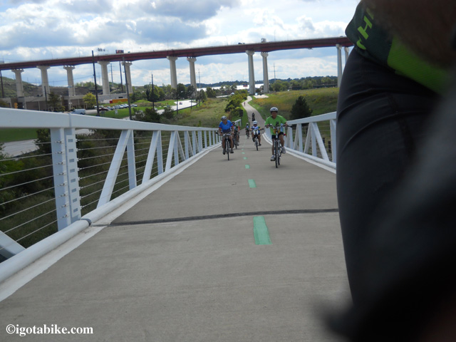 Guy always does a great job with the action shots while riding! Here you can see Gene Pass and other FMCPT riders on the first of two suspension bridges built for cyclist in the Cleveland Metroparks. The huge double bridges of Interstate 480 is in the background.