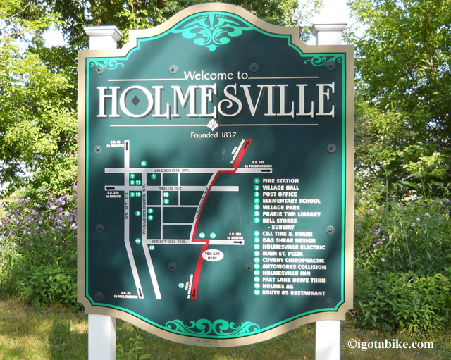 Nice signage in Holmesville on The Holmes County Trail showing the way to restaurants and other services in town. 
