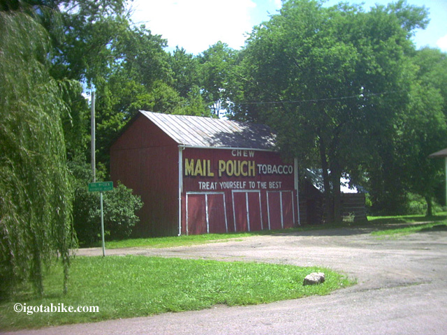 There is Mail Pouch Tobacco Barn at the southern terminus of the Richland B & O trail head in Butler, Ohio.
