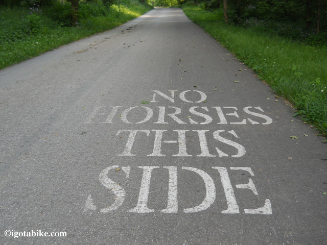 On the The Holmes County Trail one side is for bikes and the other is for horses. It can feel a little confusing and passing is different than other trails. Just remember that bikes always yield to horses and any other trail users. When in doubt, just stop and step off.
