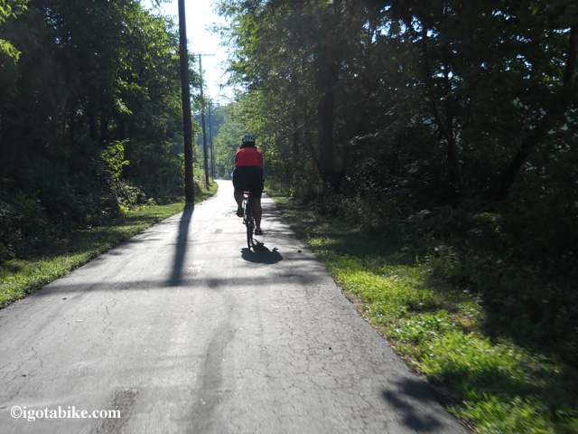 The Alum Creek Trail is nice and scenic. In this photo Carol is riding south in the early morning, late August 2012.