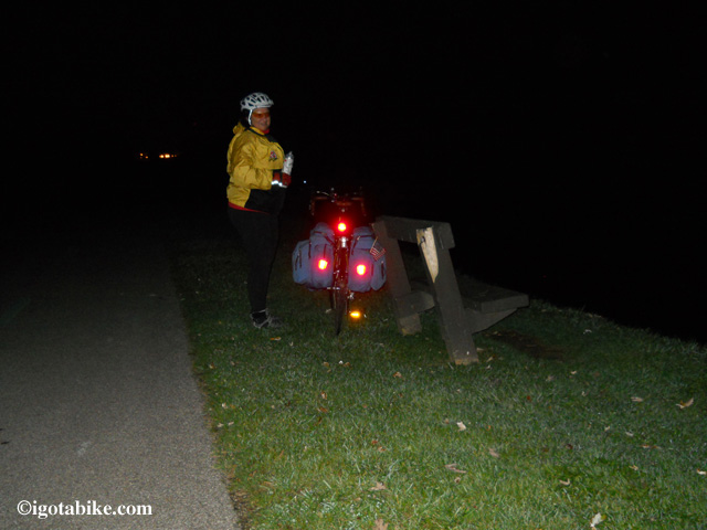 By the time we detrain it is fully dark and 14 miles to ride. My reflectors work!
