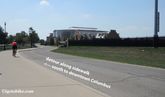 The marked detour on the Olantangy Trail utilizes sidewalks in front of the Jack Nicklaus Museum and the Schottenstein Center which can be seen just ahead on the right of this photo.