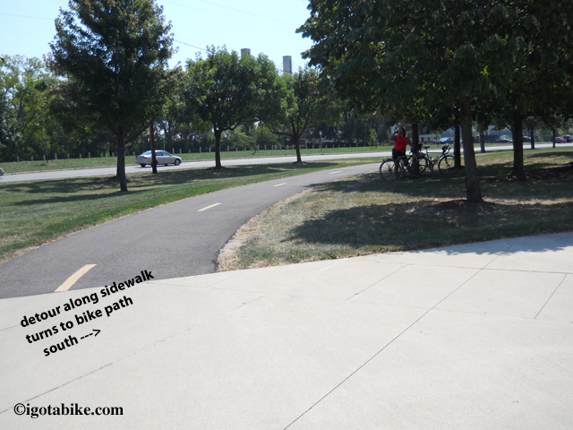 In front of the Schottenstein Center the on-sidewalk detour of the Olantangy Trail turns back into a recognizable bike trail.