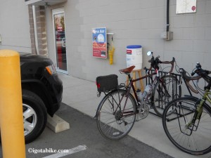 The bicycle trail travels behind a giant retail complex where there is a Trek store and they provide free air and water to cyclist at their back door. 