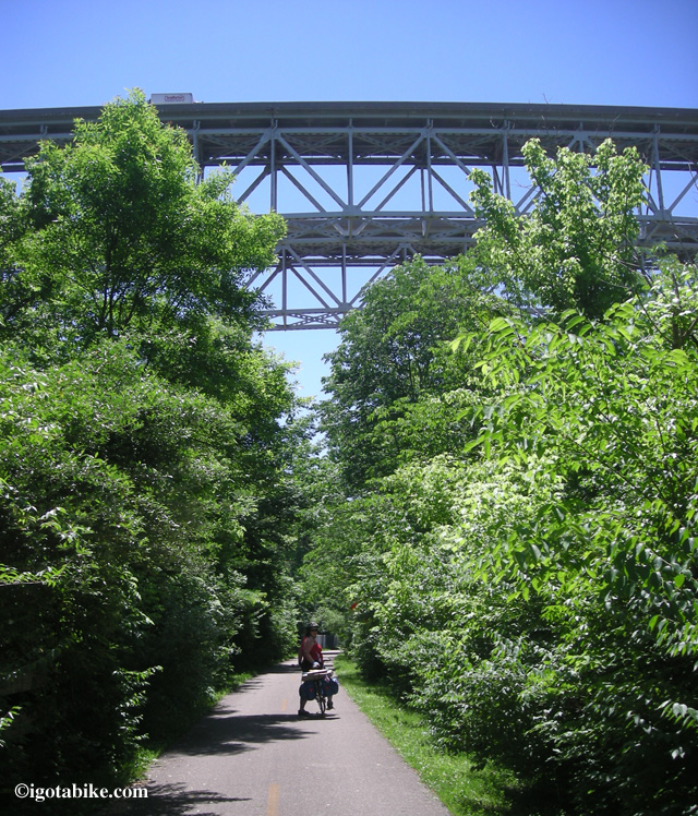 Here is Carol under the Jeremiah Morrow Bridges on day one of our 2011 bike tour.