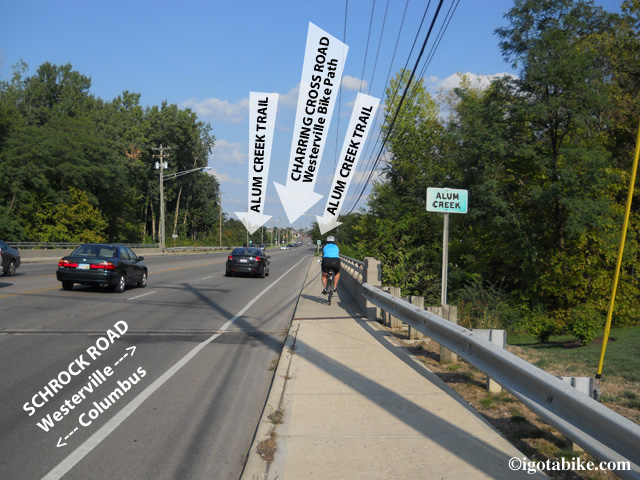 There is access to the Alum Creek Trail from both sides of Schrock Road at the bridge that crosses Alum Creek. The Westerville Bike Trail terminus is just ahead, uphill at the intersection of Charring Cross and Schrock Road.