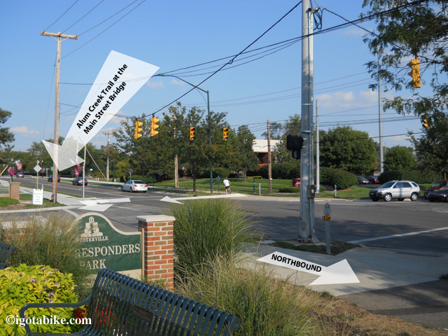 The Alum Creek Trail crosses Main Street in front of the Westerville Senior Center. Follow the trail past First Responders Park and the Westerville fire department.